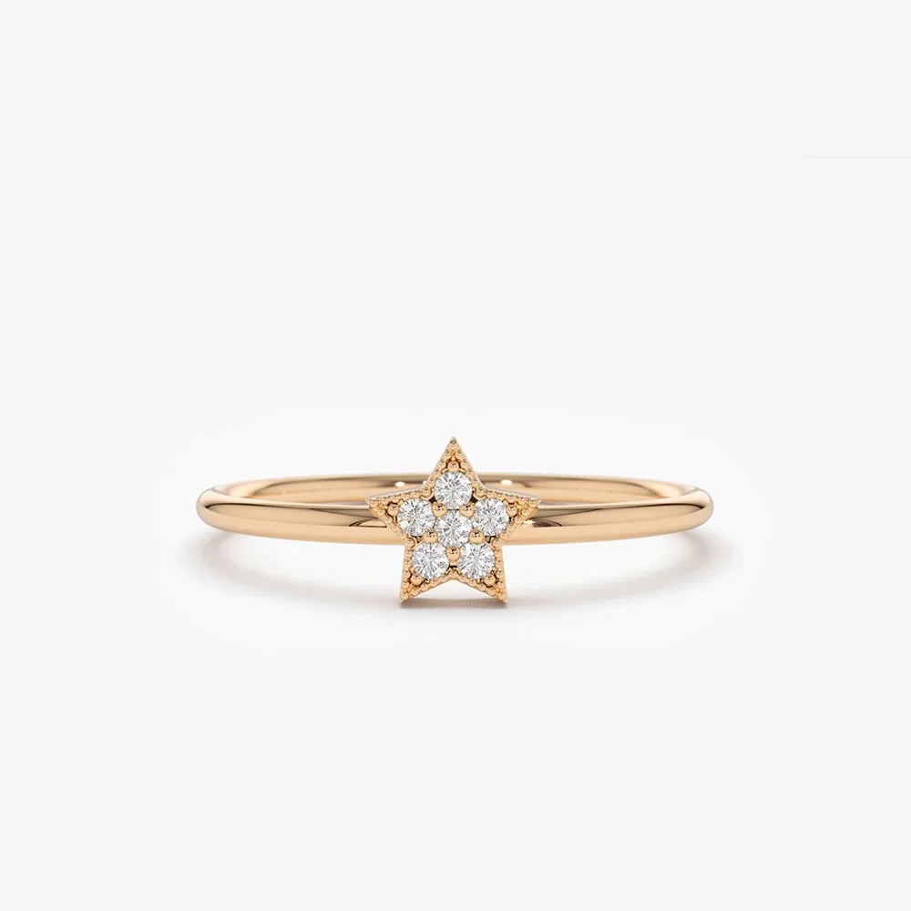 14K Solid Gold Round Diamond Star Shaped Stackable Ring