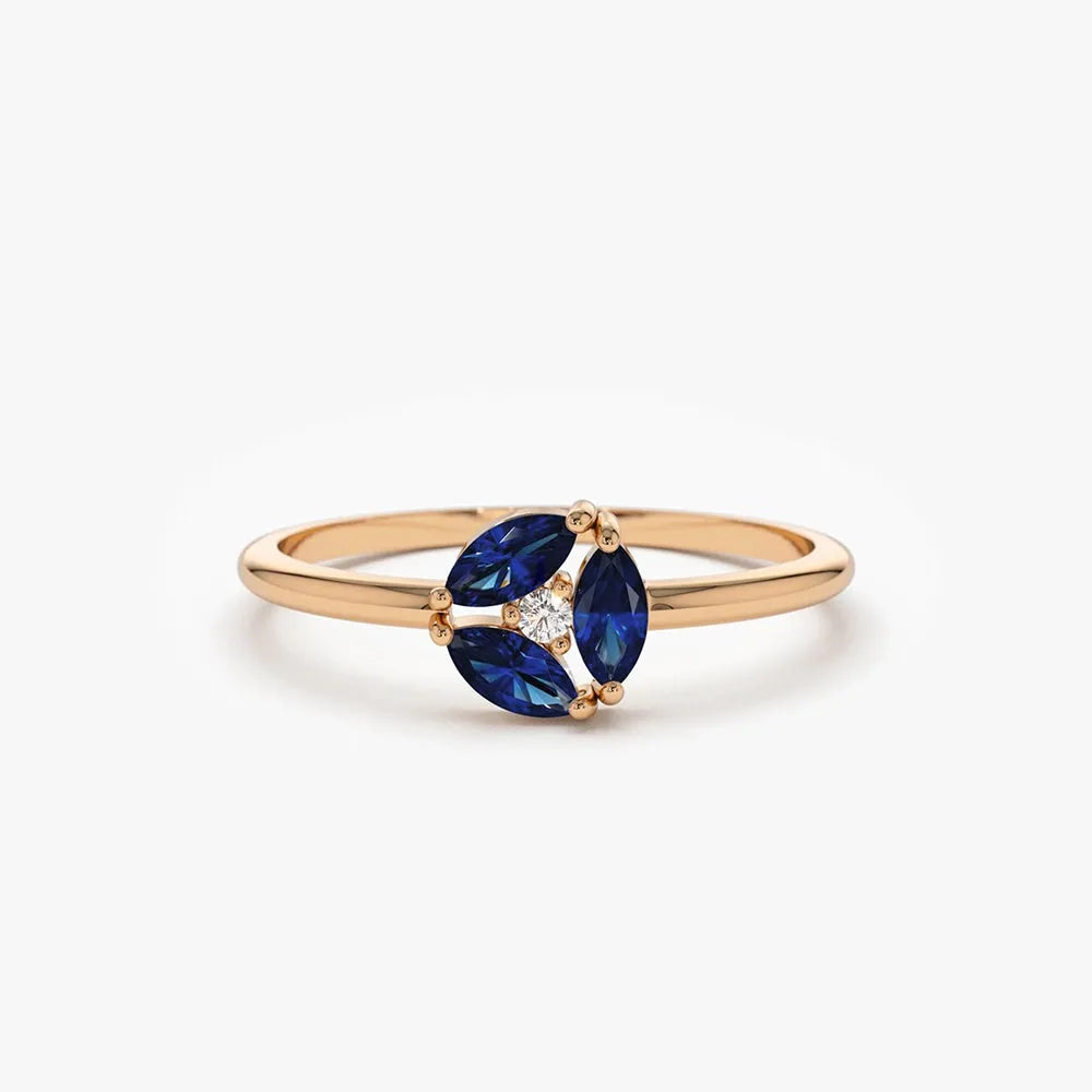 14k Solid Gold Marquise Sapphire and Round Diamond Cluster Ring 0.31 ctw