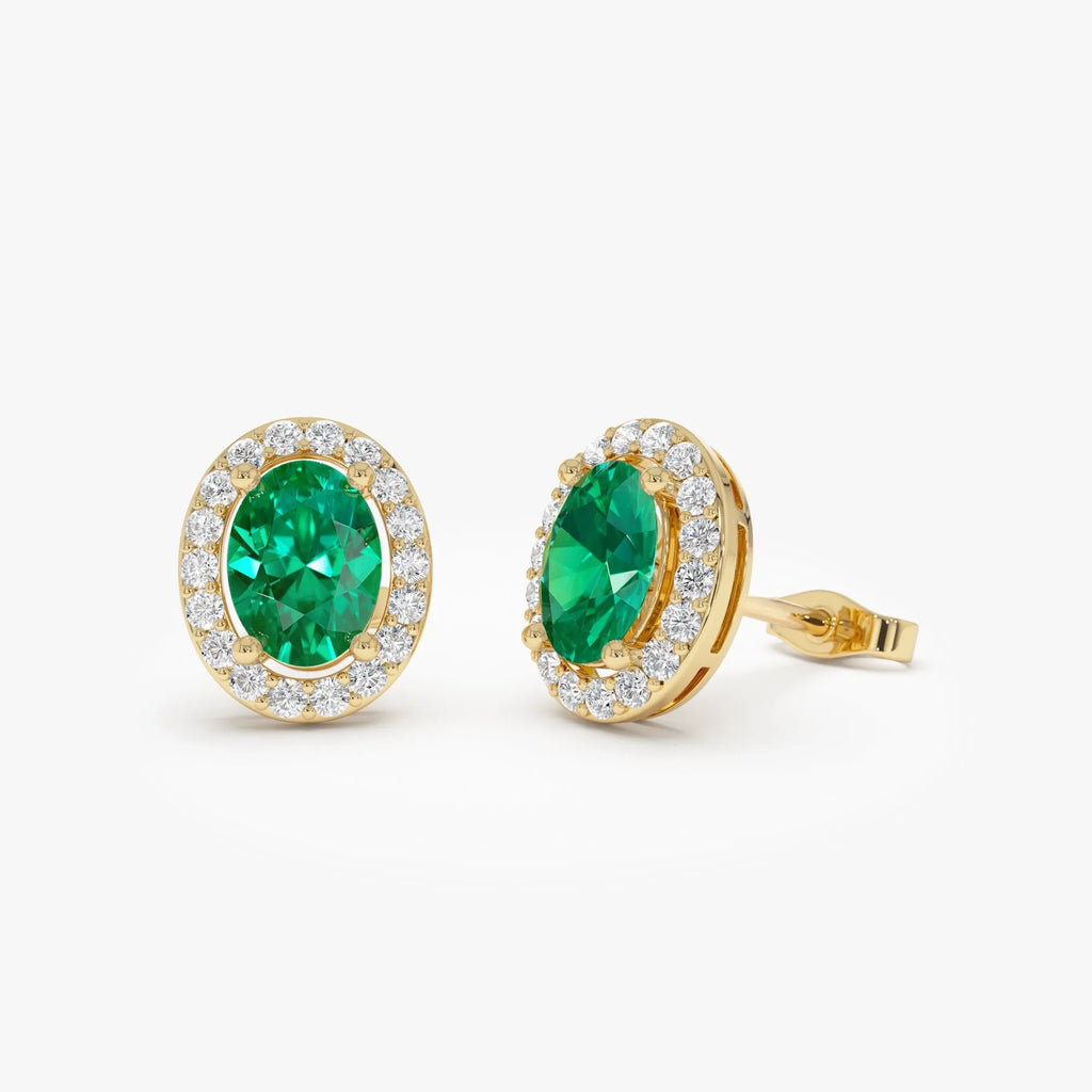 14k Gold Lab Grown Colombian Emerald and Lab Grown Diamond Oval Cut Halo Stud Earrings 1.86 ctw