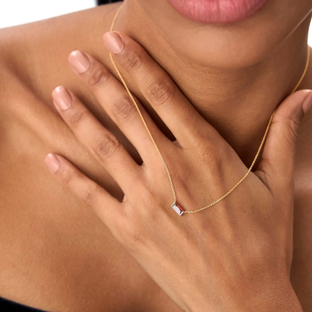 14k Solid Gold Garnet Baguette Birthstone Necklace 0.45 Carat