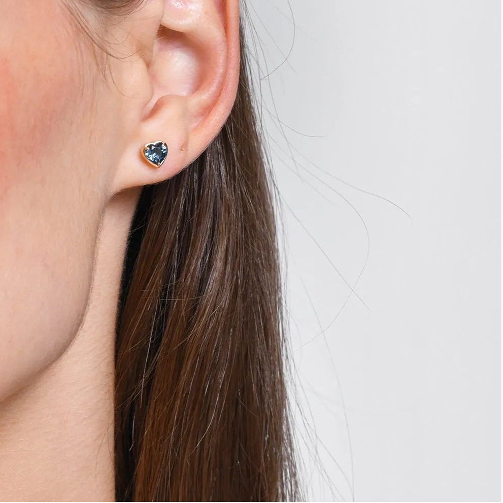 14K Solid Gold Heart Shaped London Blue Topaz Stud Earrings 1.00ctw