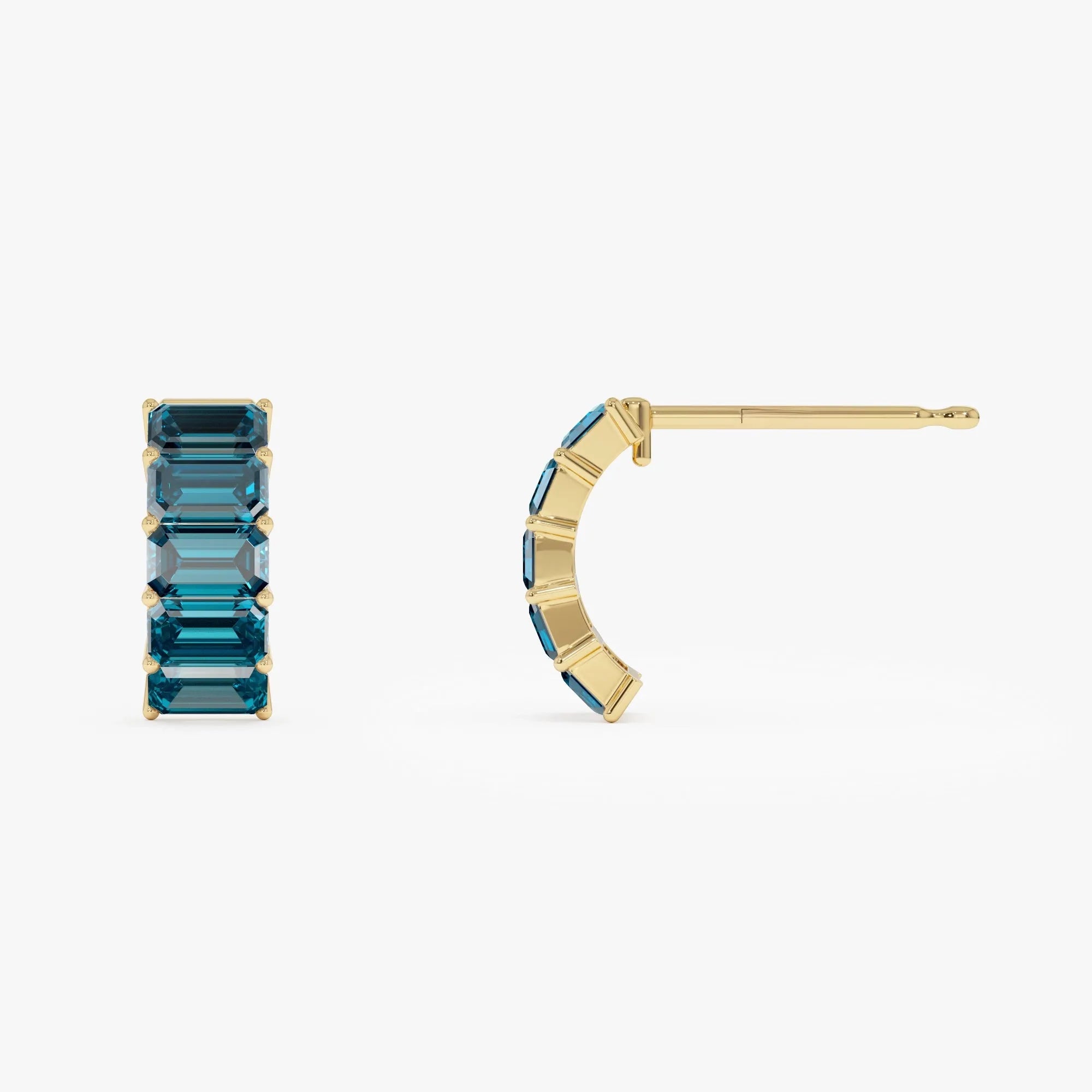 14K Solid Gold Octagon Cut London Blue Topaz Half Hoop Earrings 3.70ctw