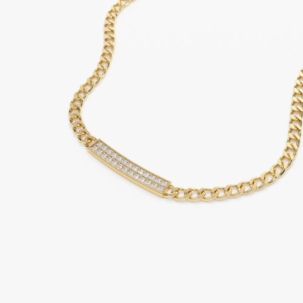 14K Solid Gold Round Diamond Pave Curb Link Bar Necklace 0.30ctw