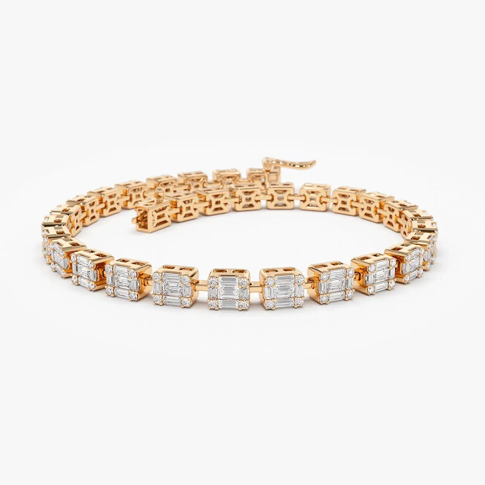 14K Solid Gold 2.43 CTW Baguette and Round Diamond Illusion Setting Tennis Bracelet