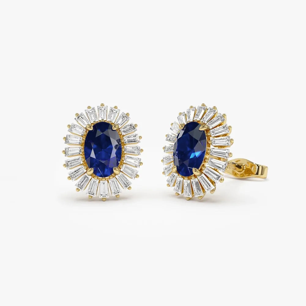 14k Solid Gold Oval Blue Sapphire and Baguette Diamond Ballerina Stud Earrings 1.75 ctw