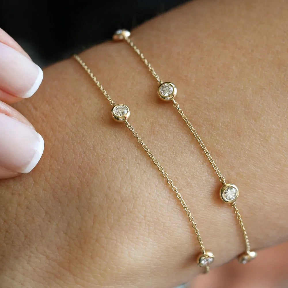 14K Solid Gold Round Diamond 5 Stone by the Yard Bracelet Bezel Setting 0.50 Carat