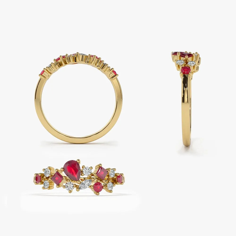 14k Gold Ruby and Diamond Mixed Shape Cluster Ring 0.60 ctw
