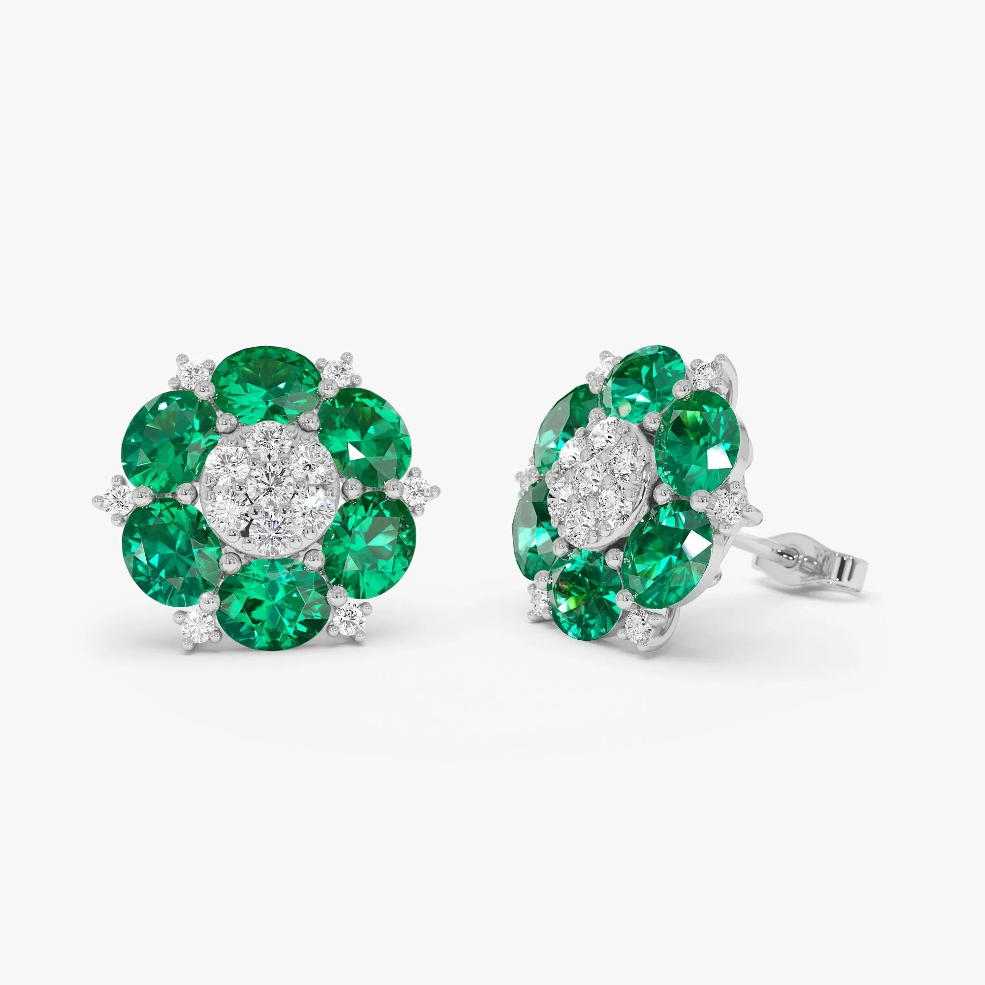 14k Gold Lab Grown Colombian Emerald and Diamond Oval Cut Cluster Stud Earrings 4.70 ctw