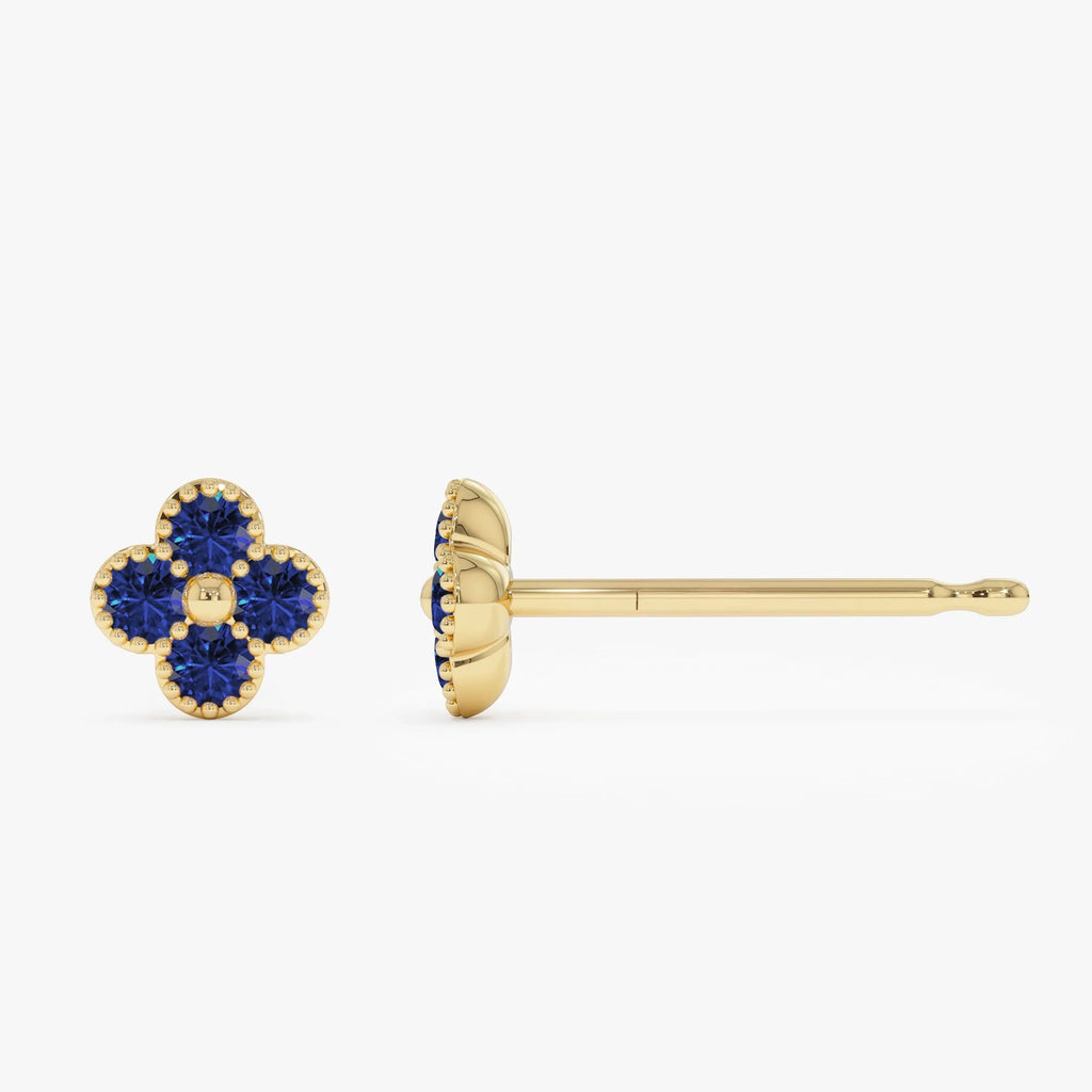 14K Solid Gold Round Sapphire Clover Beaded Stud Earrings 0.35 CTW