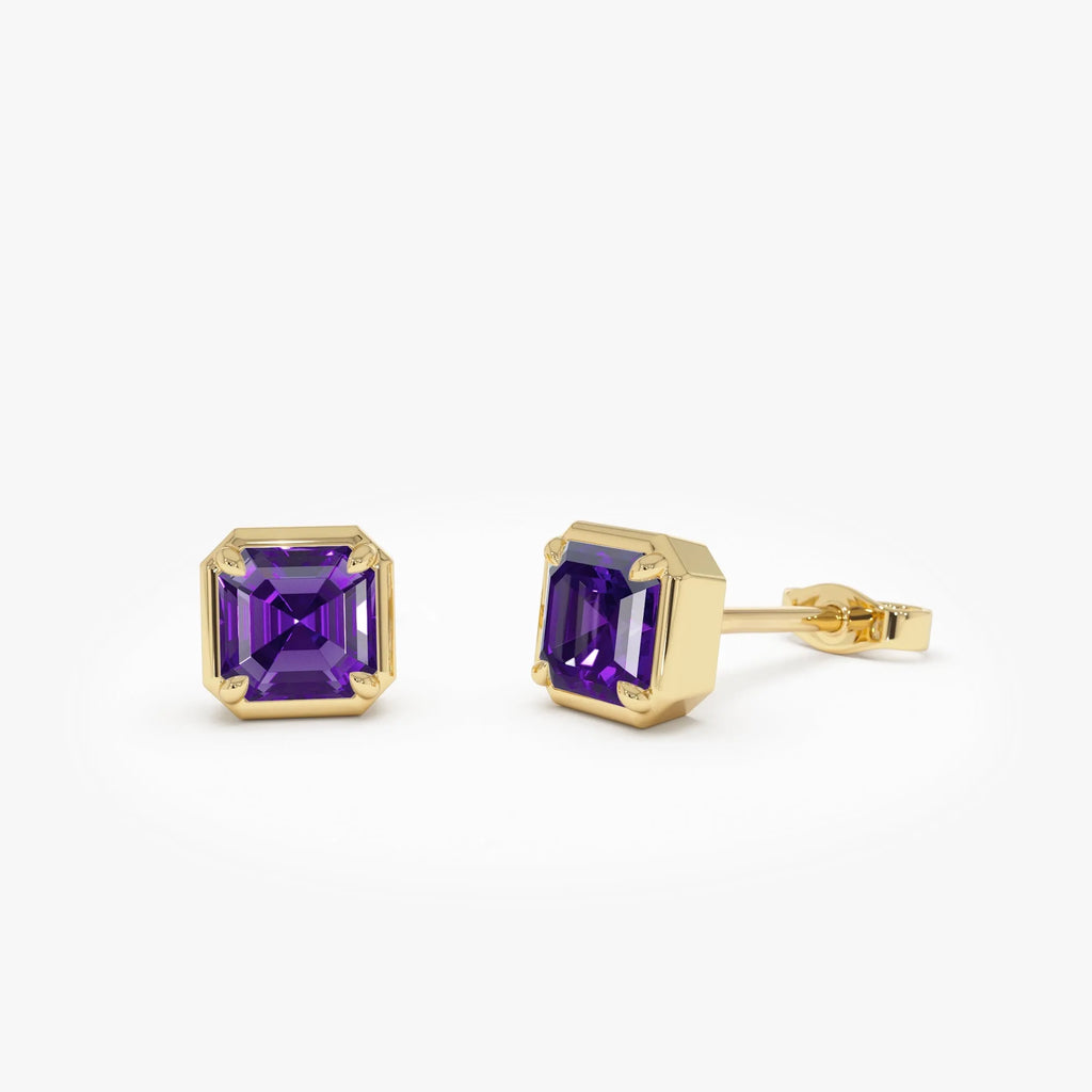 14K Solid Gold Asscher Cut Amethyst Stud Earrings 1.30ctw