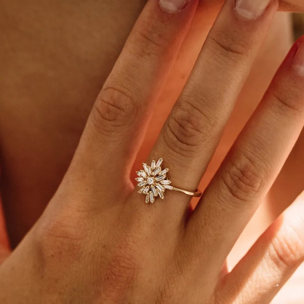 14K Gold 0.58 CTW Baguette and Round Diamond Ballerina Cluster Ring