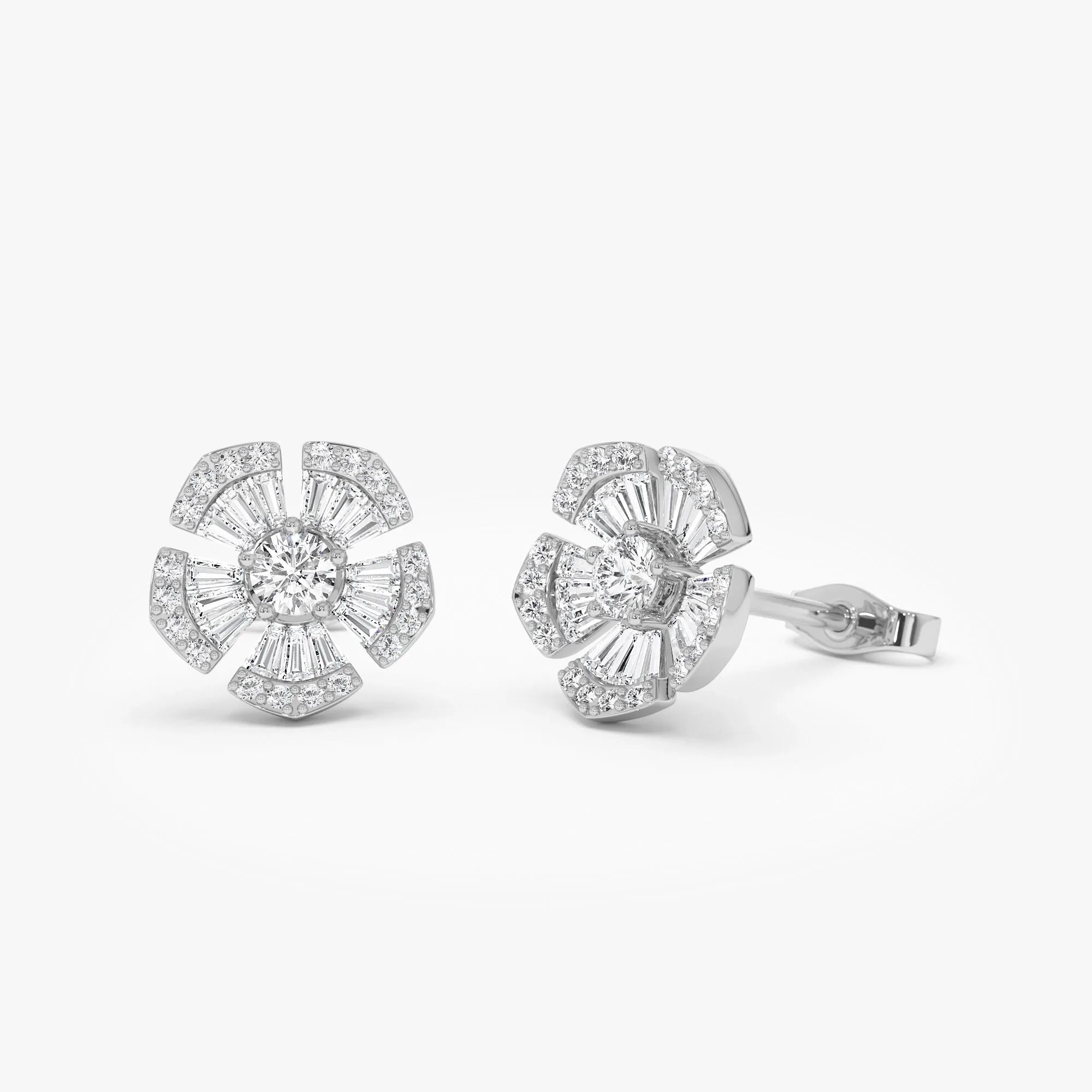 14k Gold Diamond Baguette and Round Cut Flower Stud Earrings 0.85 ctw