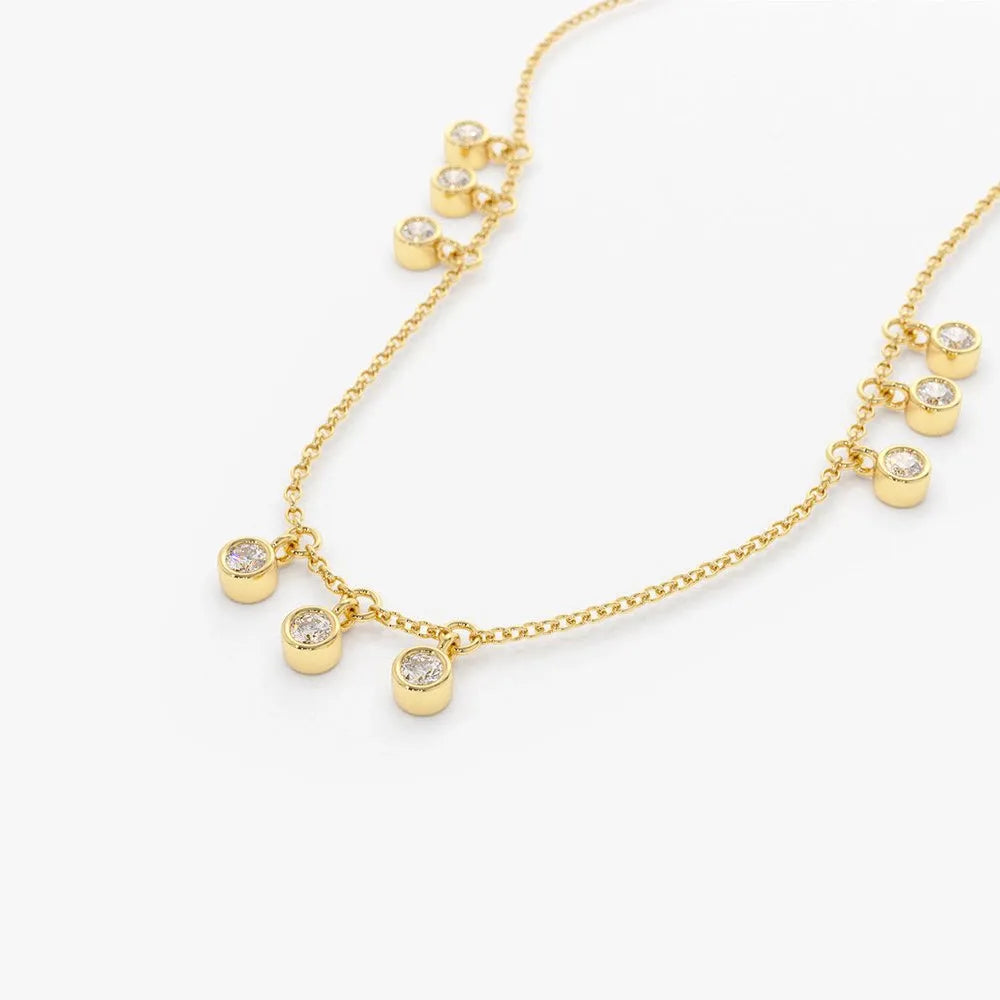 14K Solid Gold Round Diamond 9 Stone Bezel Set Dangle Necklace 0.27ctw