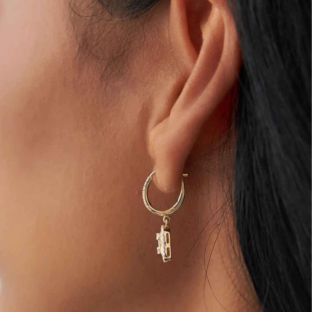 14k Gold Diamond Baguette and Round Cut Illusion Setting Dangling Hoop Earrings 0.98 ctw