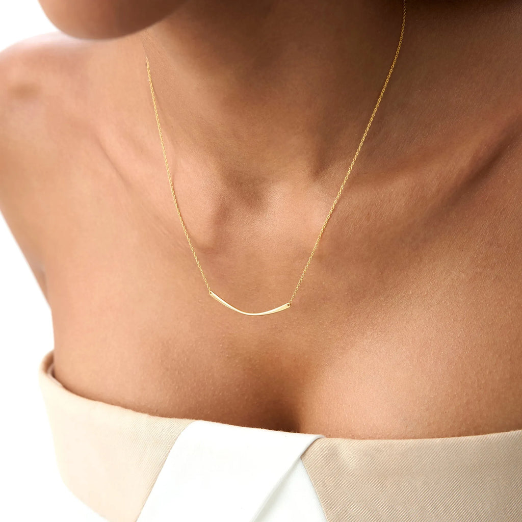 14k Solid Gold Minimalist Curved Bar Pendant Necklace