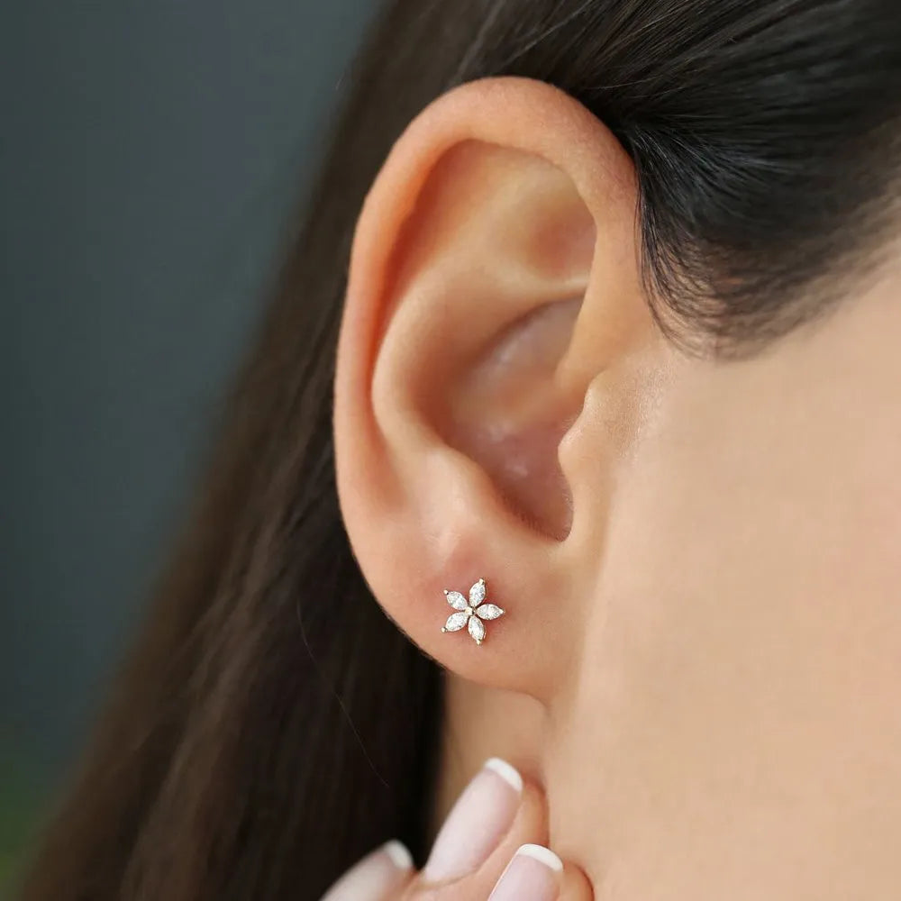 14k Gold Diamond Marquise Cut Floral Stud Earrings 0.33 ctw