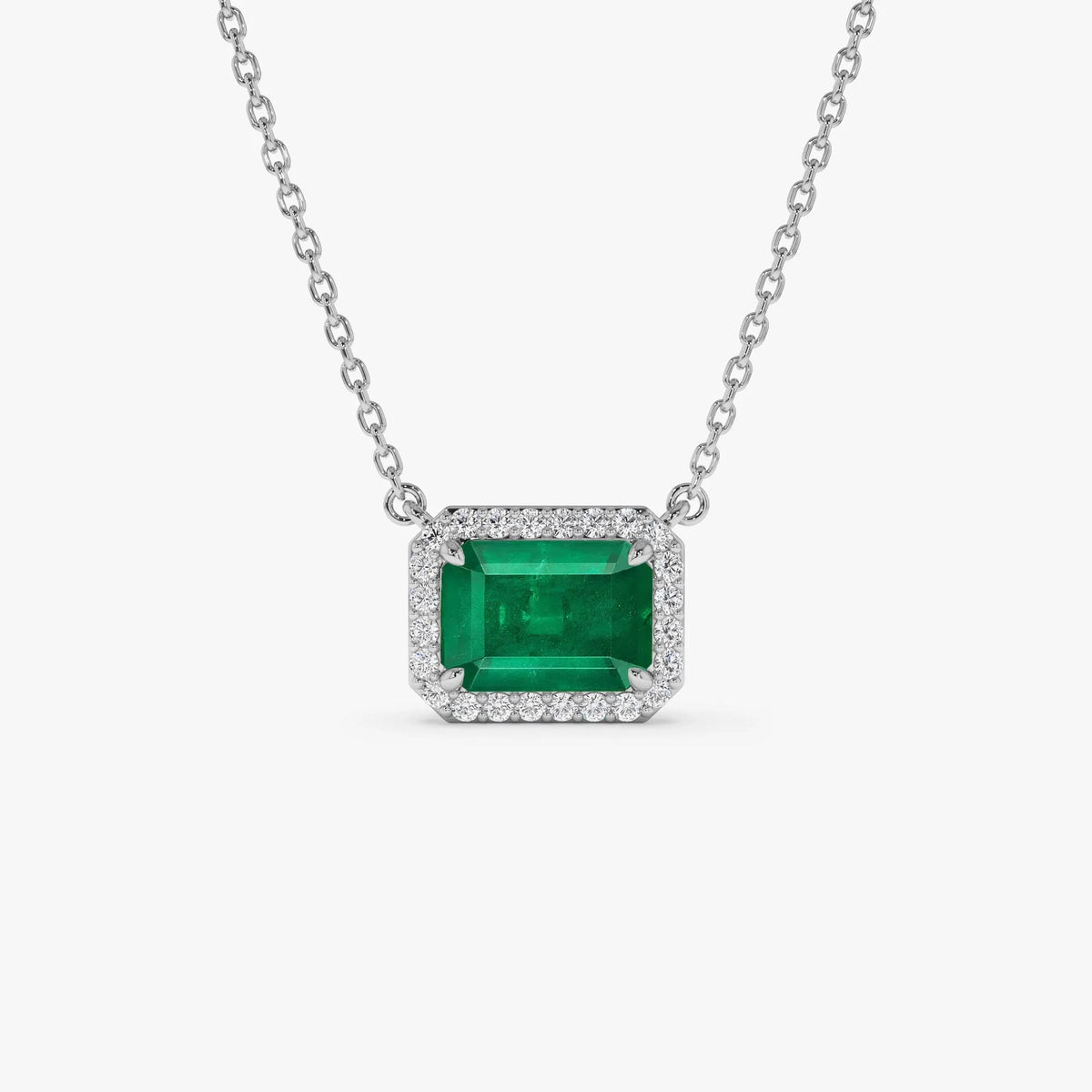 14k Solid Yellow Gold Octagon Emerald 1.02 CTW and Round Diamond 0.12 CTW Halo Pendant Necklace