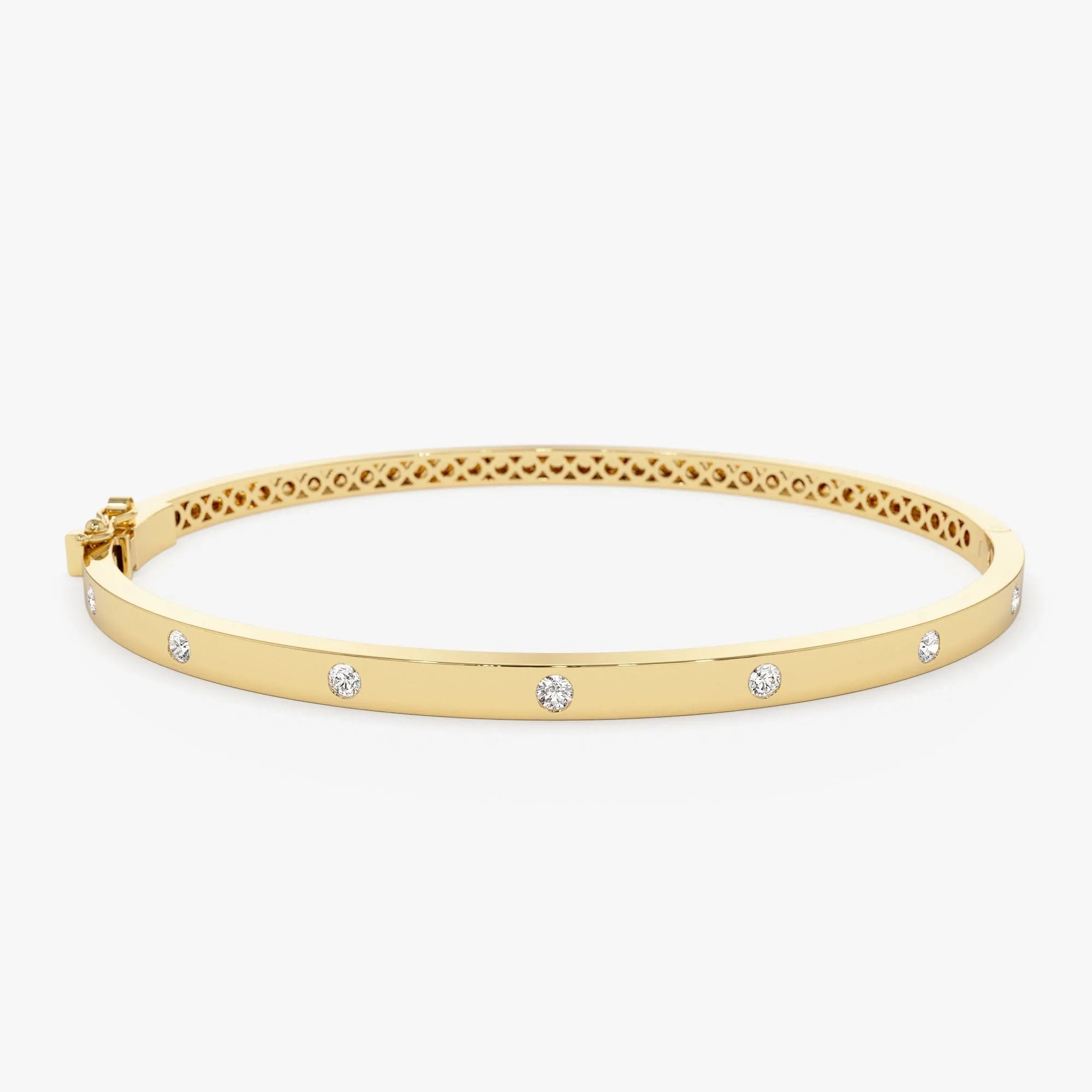 14K Solid Gold 0.22 CTW Round Diamond Flat Flush Setting Stacking Bangle