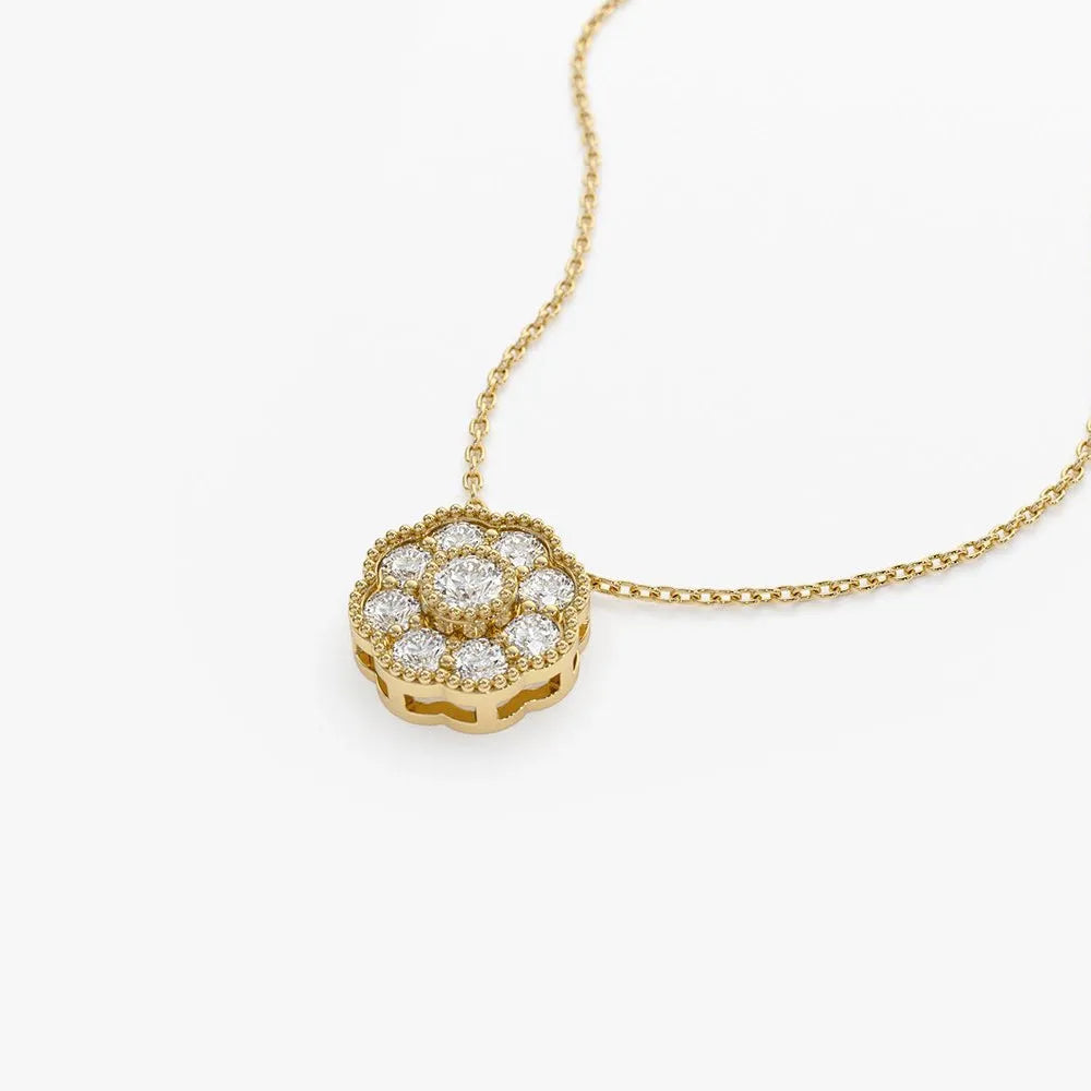 14K Solid Gold Round Diamond Floral Pendant Necklace 0.35ctw