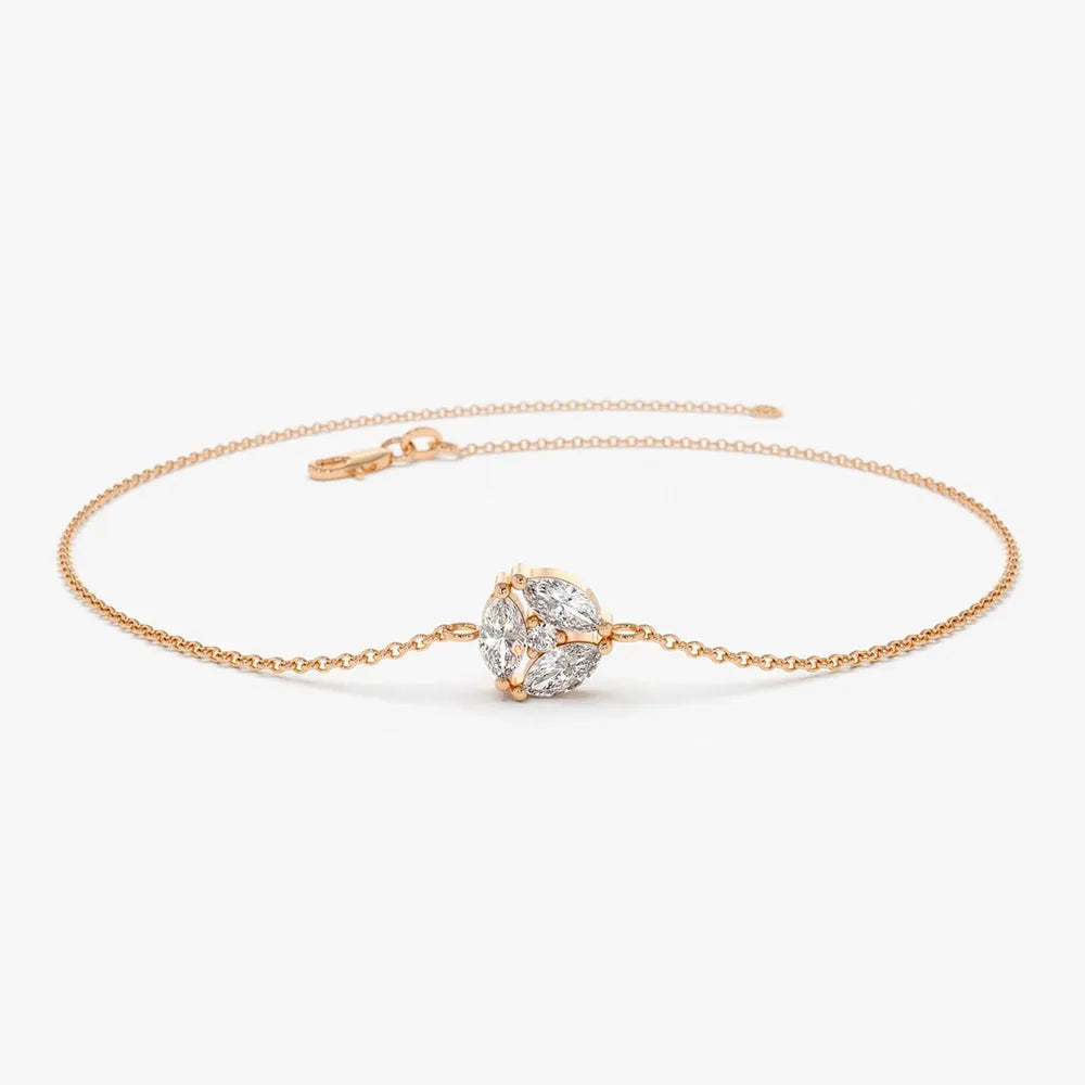 14K Solid Gold 0.16 CTW Marquise and Round Diamond Cluster Prong Set Bracelet