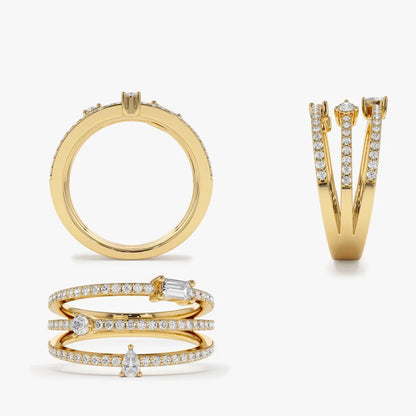 14k Gold 0.34 Carat Mixed Shape Round Baguette and Pear Diamond Triple Row Statement Ring