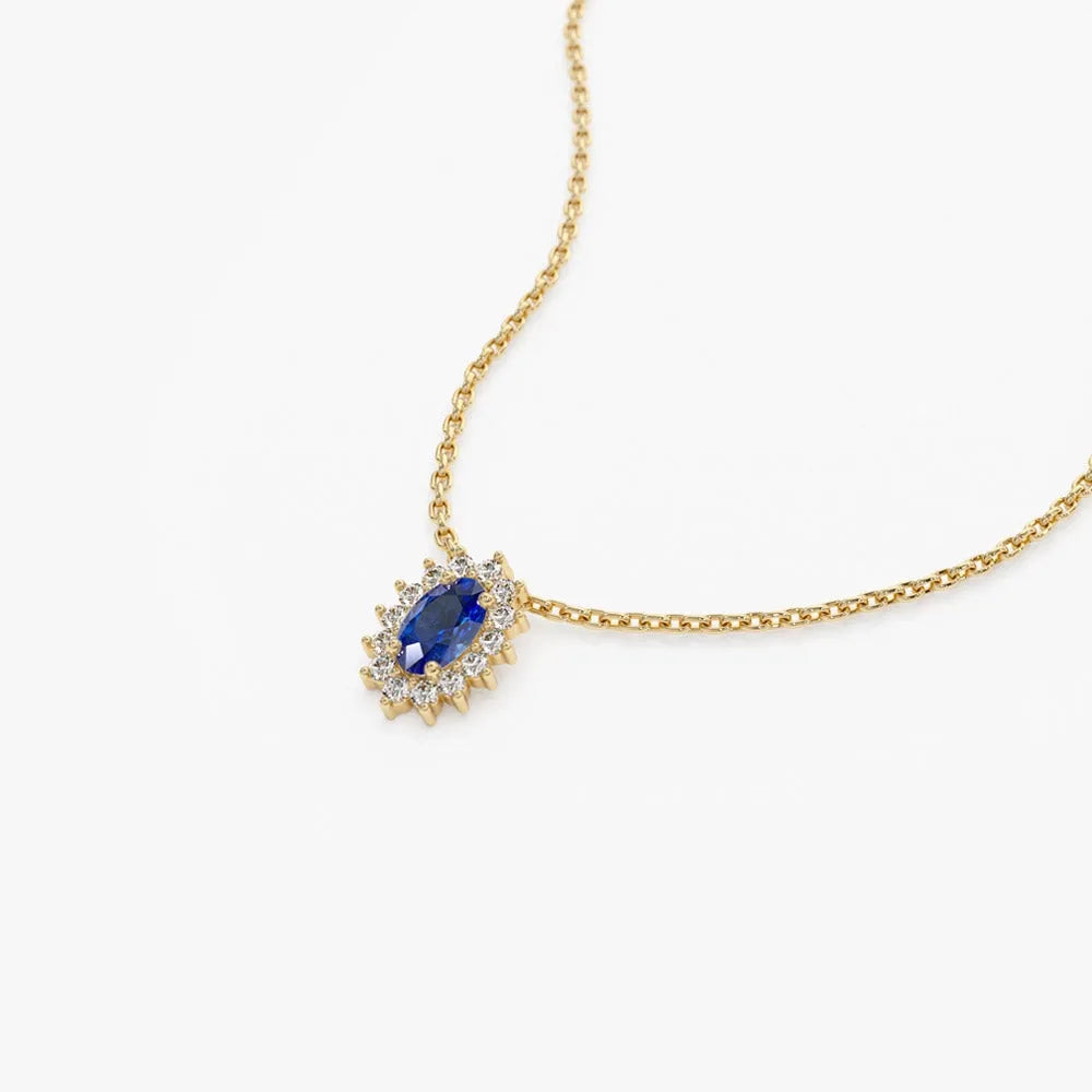 14k Solid Gold Sapphire and Diamond Oval Halo Necklace 0.35 Carat