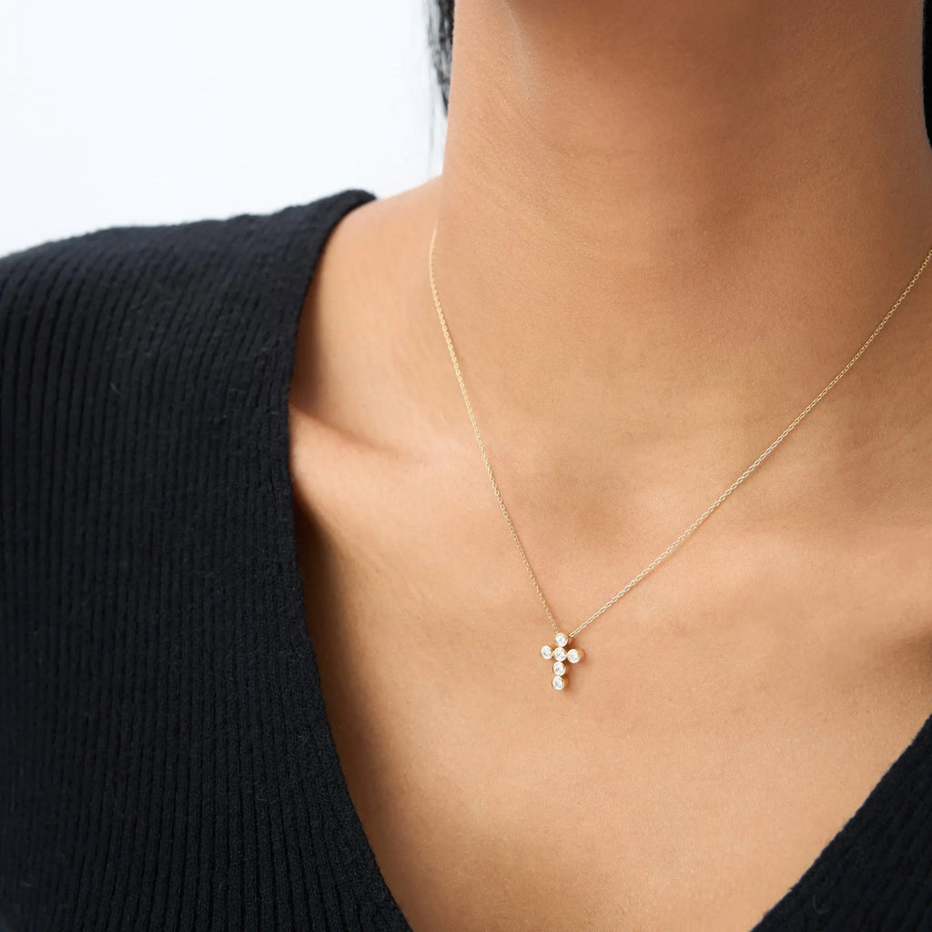 14K Solid Gold Round Diamond 6 Stone Cross Pendant Necklace Bezel Set 0.26ctw