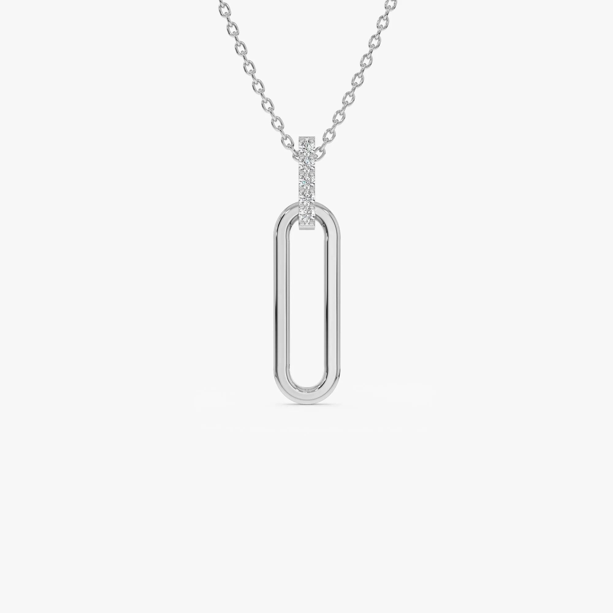 14K Solid Gold 0.05 CTW Round Diamond Paper Clip Link Pendant Necklace