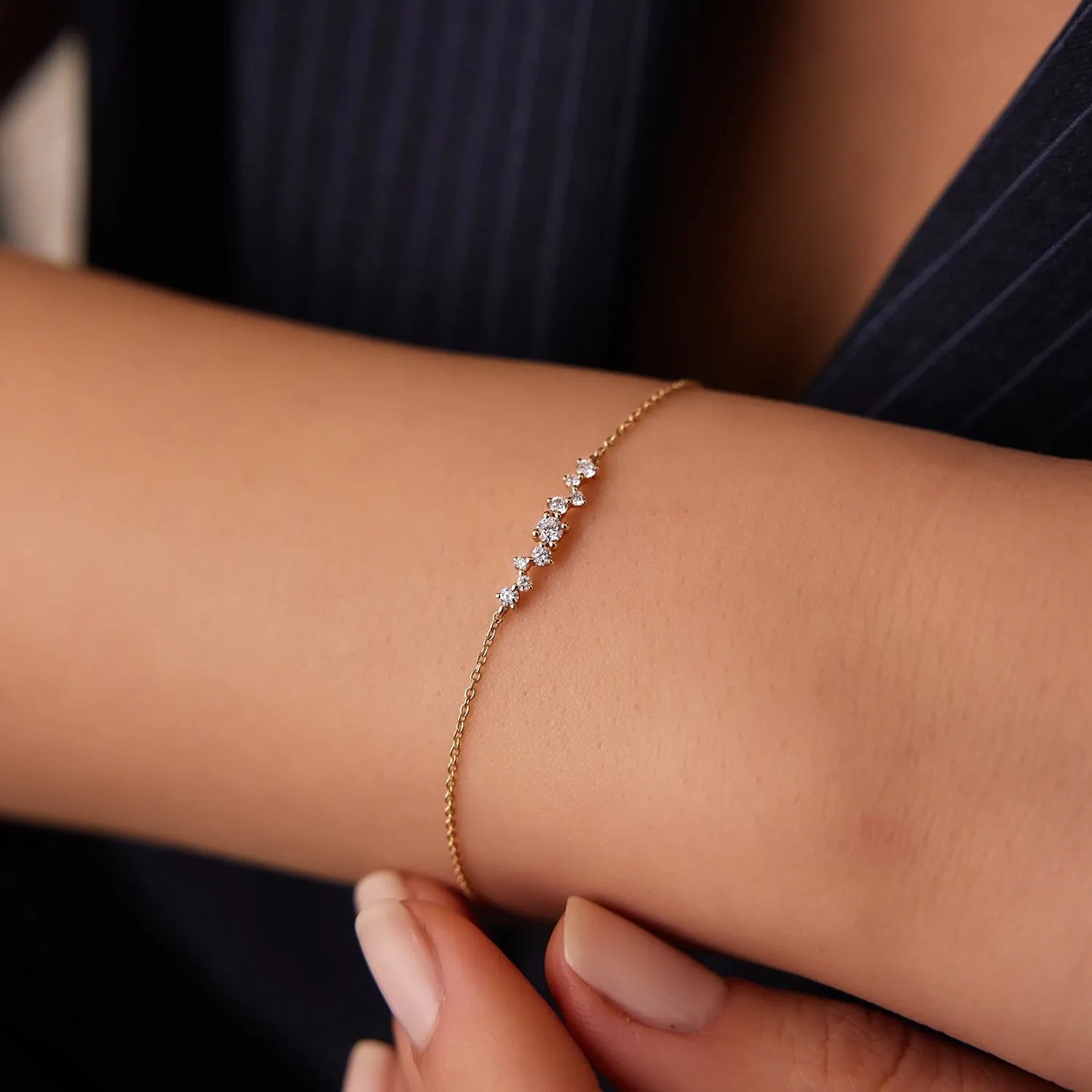 14K Solid Gold Round Diamond Multi Stone Cluster Chain Bracelet Prong Setting 0.27 Carat