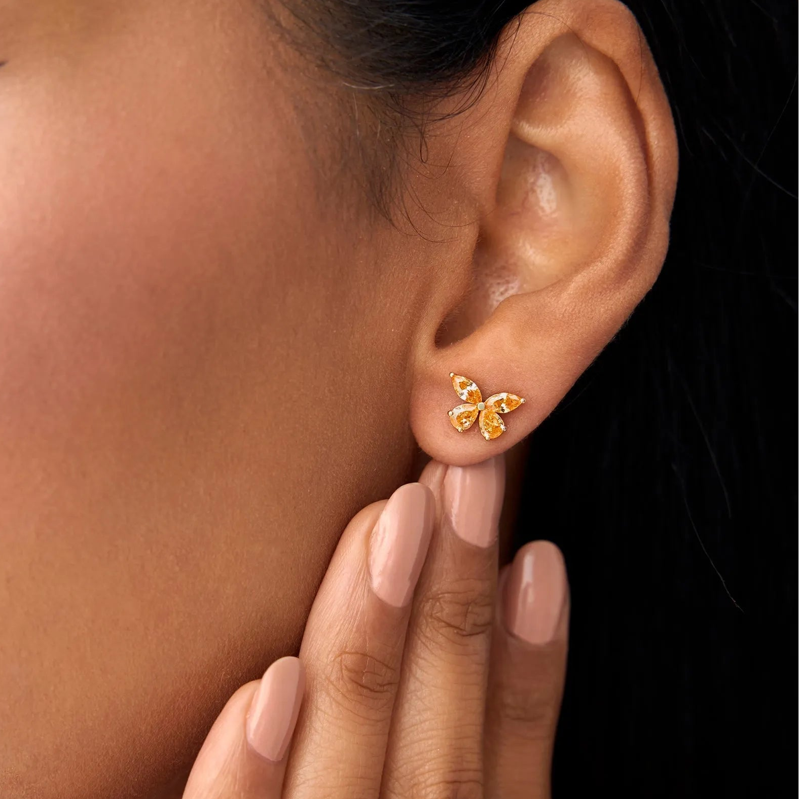 14K Solid Gold Marquise and Pear Cut Citrine Butterfly Stud Earrings 1.20ctw