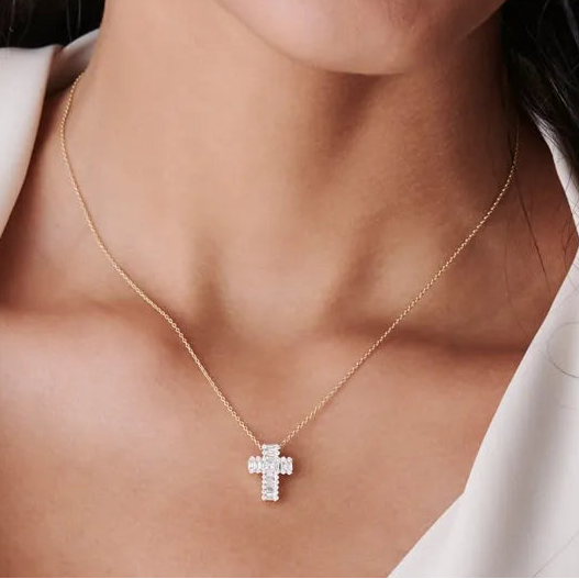 14K Solid Gold Baguette Round and Princess Cut Diamond Cross Pendant Necklace 0.65ctw
