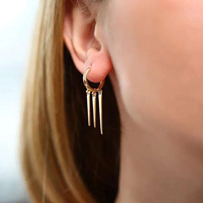14k Solid Gold Triple Spike Tribal Drop Hoop Earrings 34mm