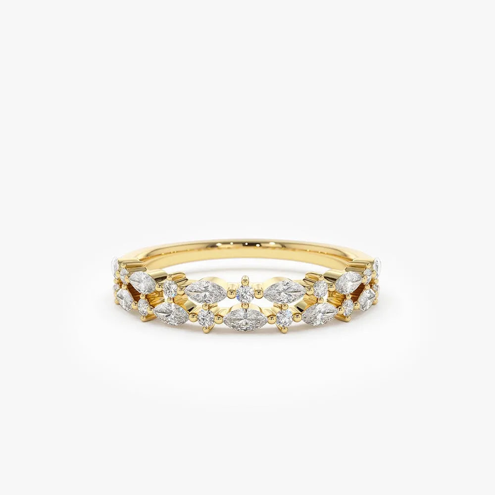 14k Gold Diamond Marquise and Round Double Row Alternating Shared Prong Ring 0.55 Carat