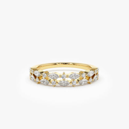 14k Gold Diamond Marquise and Round Double Row Alternating Shared Prong Ring 0.55 Carat