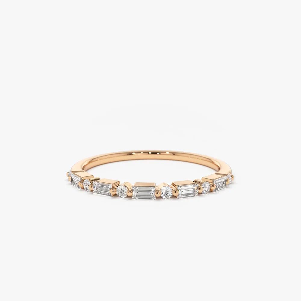 14K Solid Gold Baguette and Round Diamond Shared Prong Band Ring