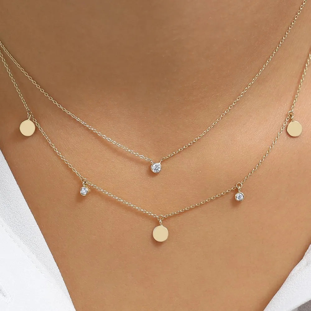 14K Solid Gold Round Diamond Bezel Set Dangling Disc Necklace 0.08ctw
