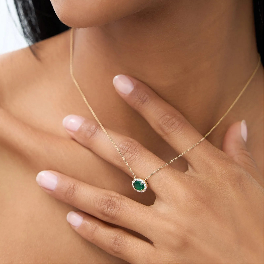 14k Solid Gold Octagon Emerald 0.75 CTW and Round Diamond 0.10 CTW Halo Pendant Necklace