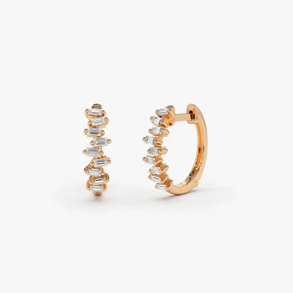 14k Gold Lab Grown Diamond Baguette Cut Horizontal Set Mini Huggie Hoop Earrings 0.39 ctw