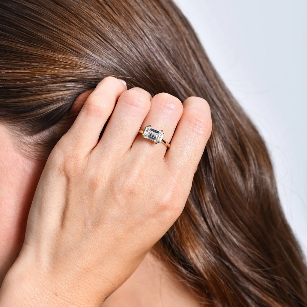 14K Gold 2.00 ctw Emerald Cut Lab Grown Diamond Half Bezel East-West Engagement Ring