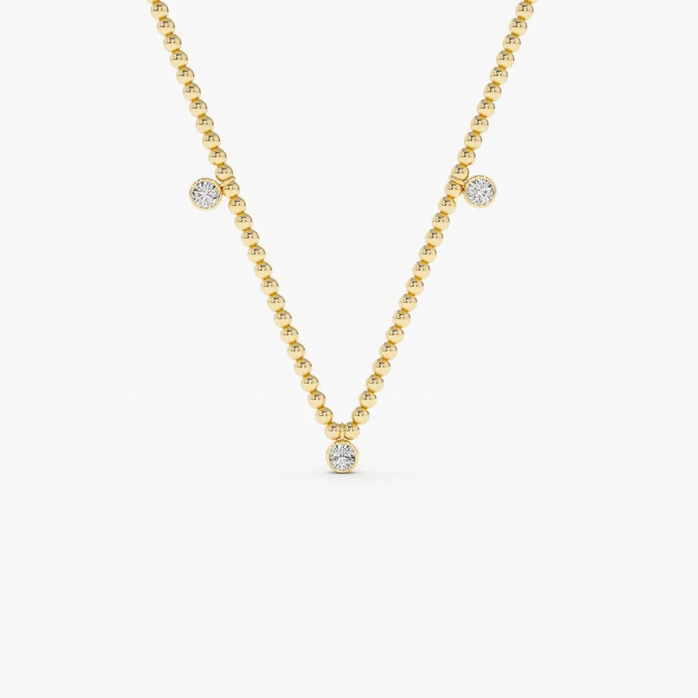 14K Solid Gold Round Diamond 5 Stone Dangling Bezel Set 2mm Bead Necklace 0.36ctw