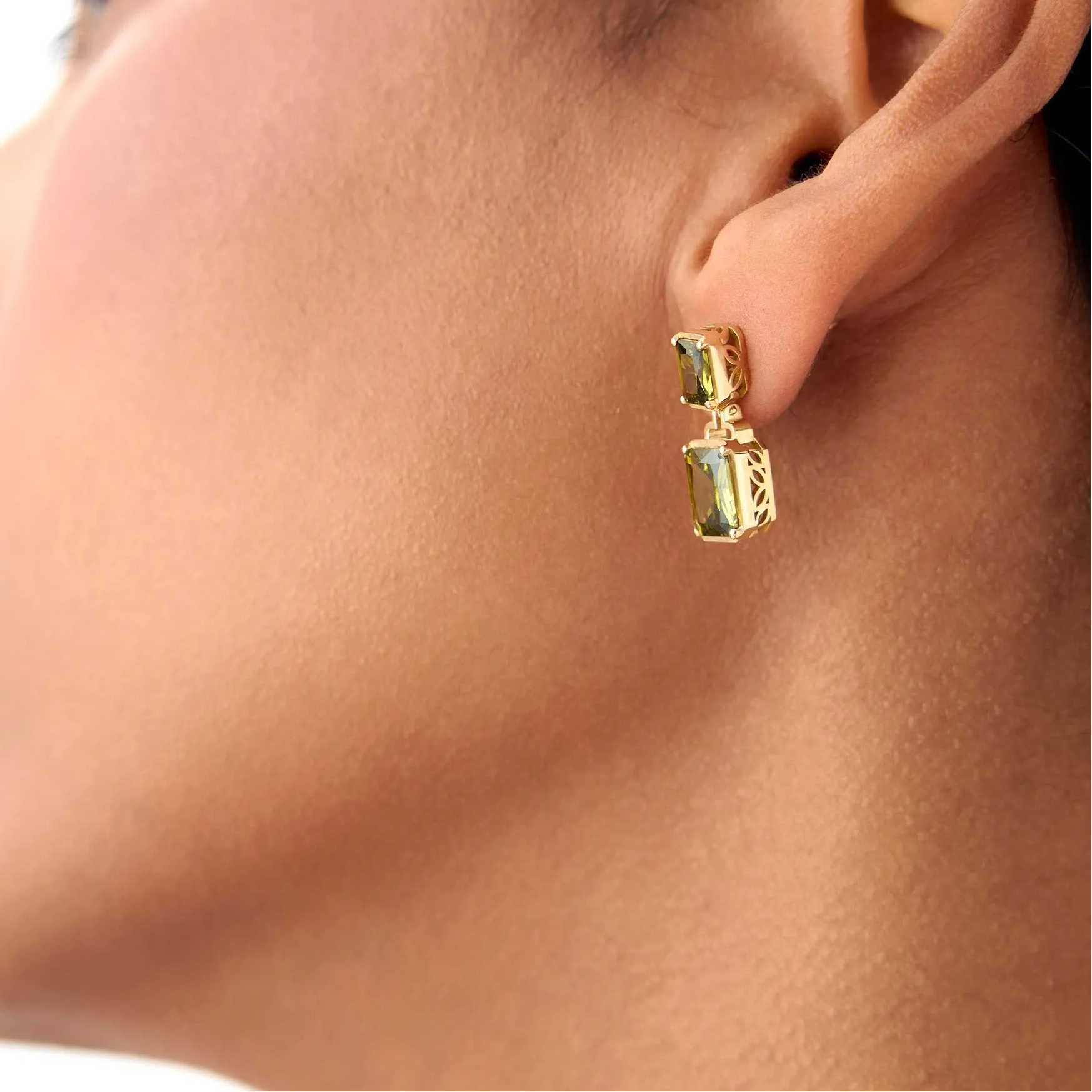 14K Solid Gold Octagon Cut Peridot Dangle Drop Earrings 4.50ctw