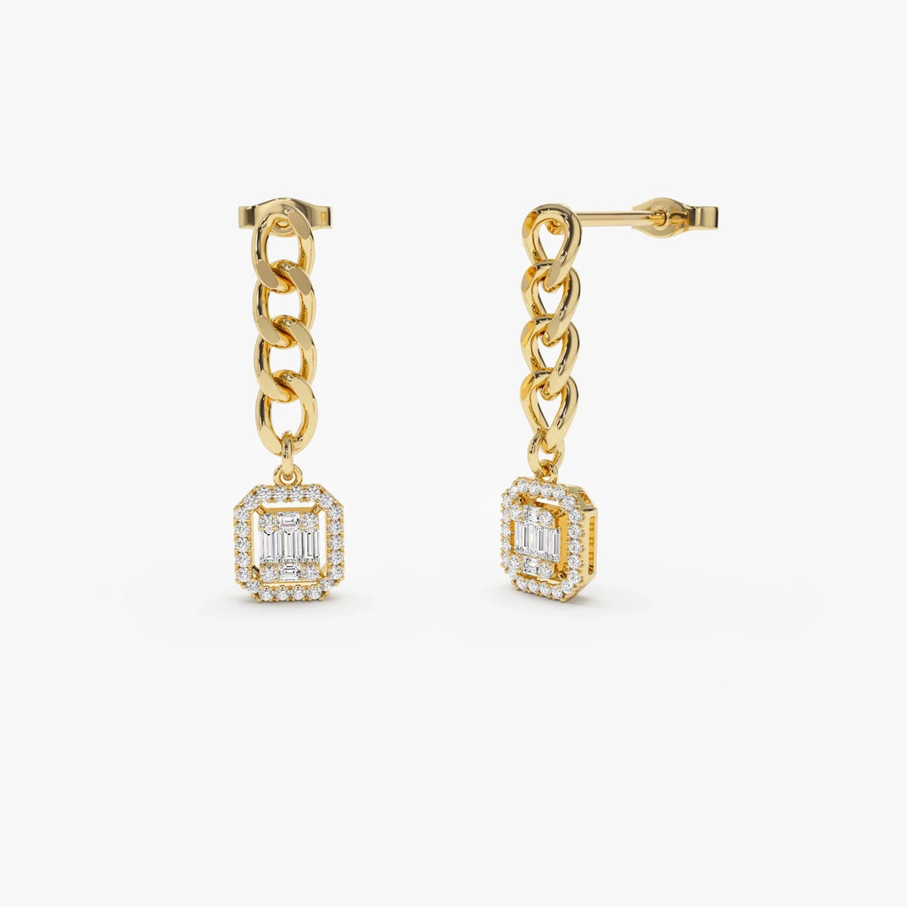 14k Gold Diamond Baguette and Round Cut Halo Chain Curb Link Earrings 0.38 ctw