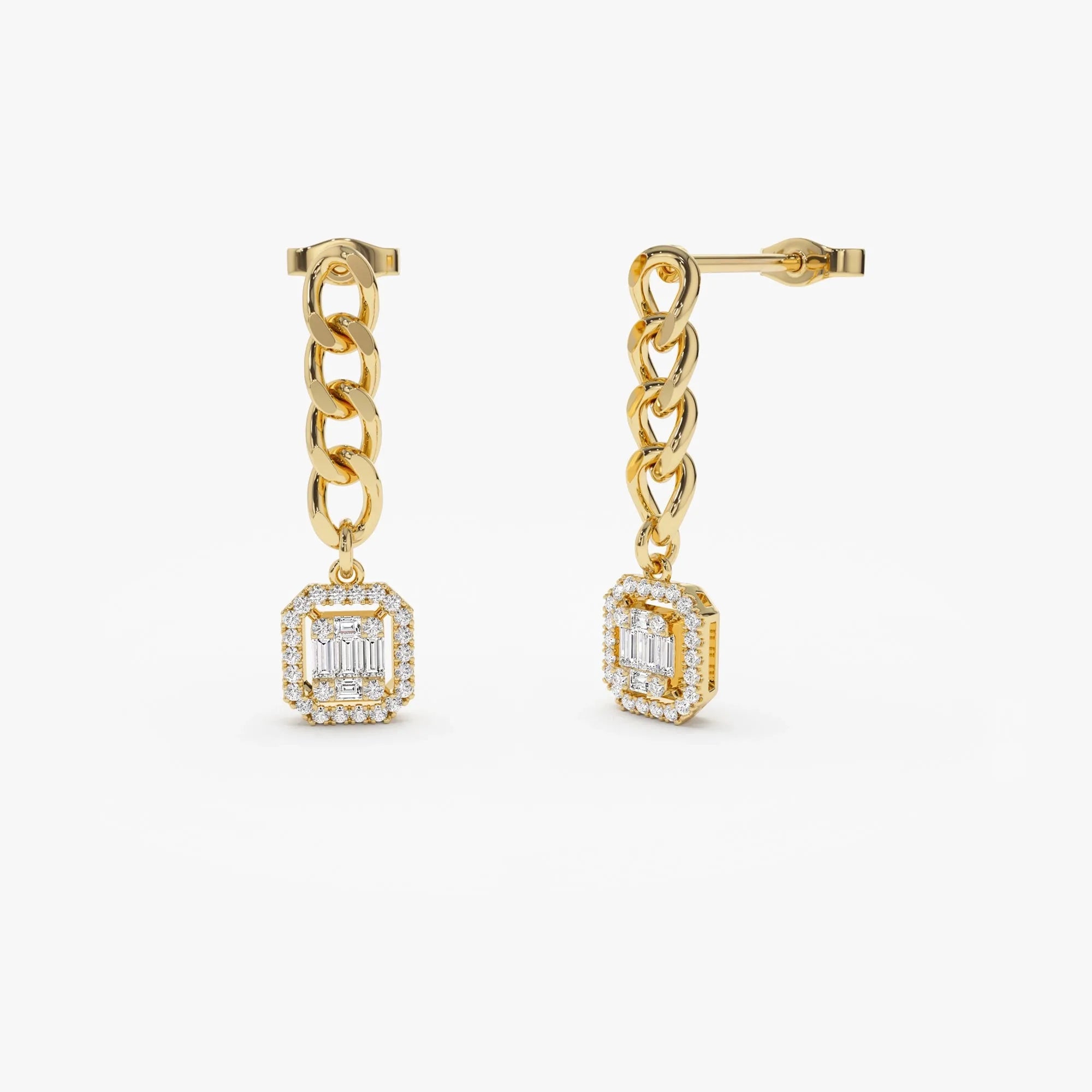 14k Gold Diamond Baguette and Round Cut Halo Chain Curb Link Earrings 0.38 ctw