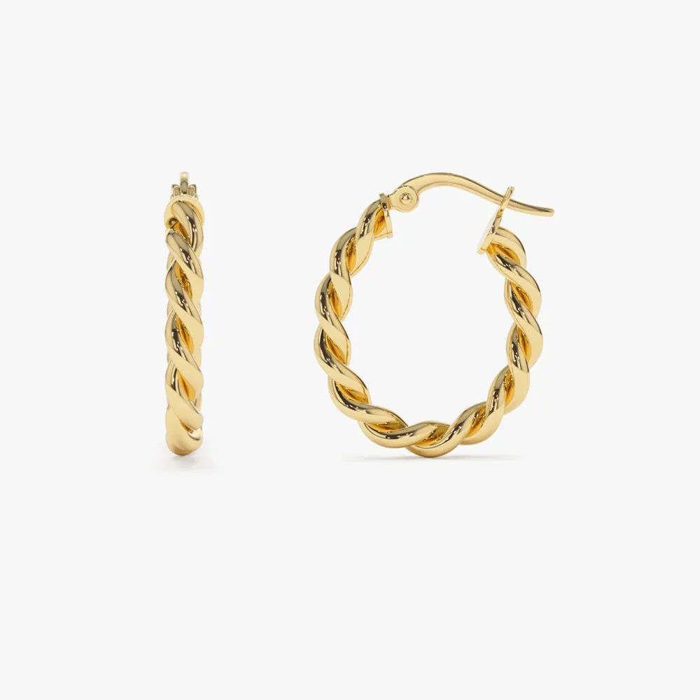 14k Solid Gold Twist Rope Hoop Earrings 20mm 3.25mm Width