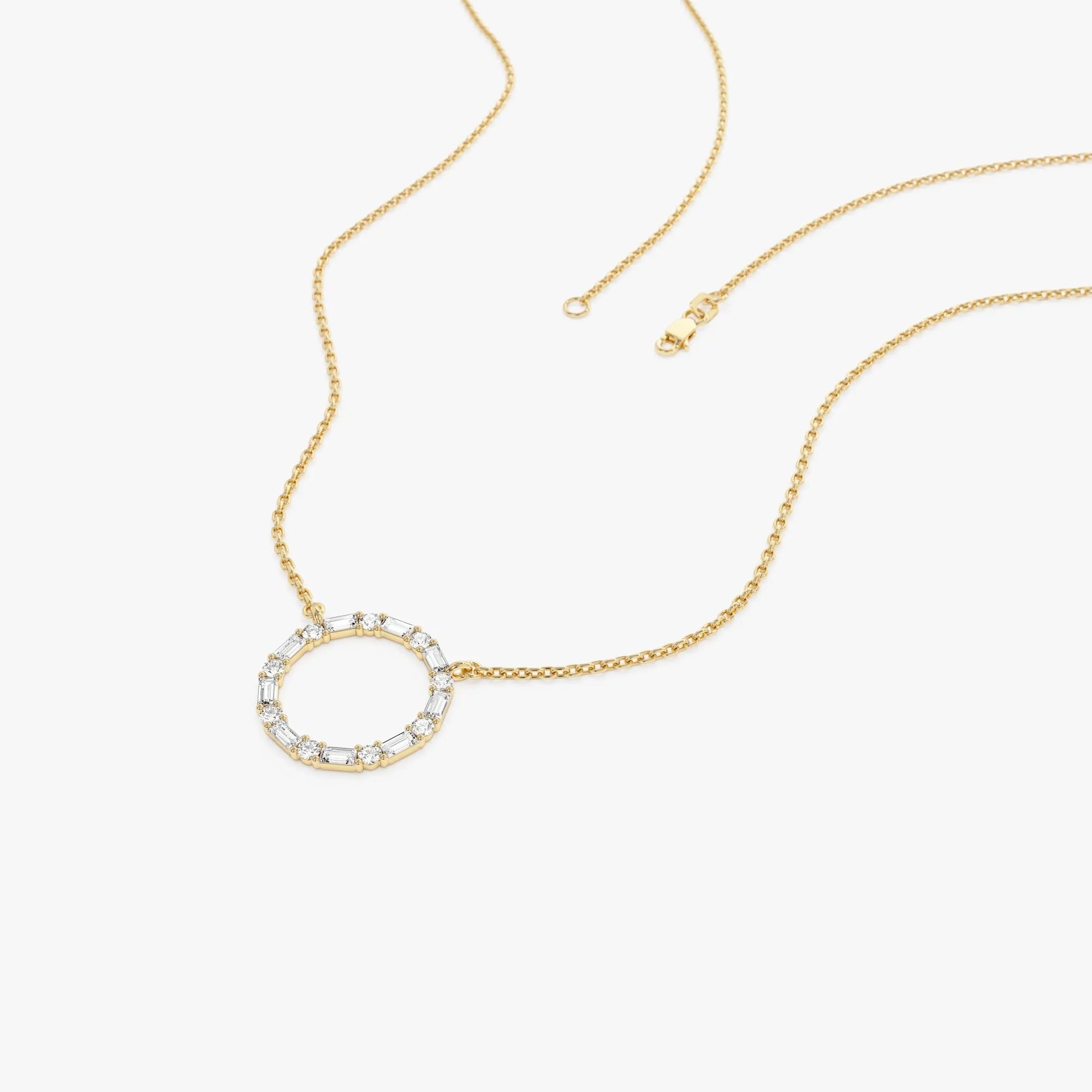 14K Solid Gold 0.30 CTW Baguette and Round Diamond Circle Necklace