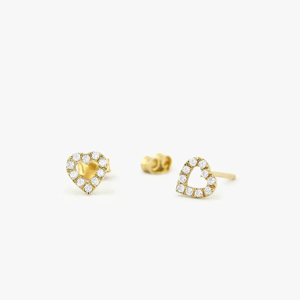 14k Gold Diamond Round Cut Mini Heart Stud Earrings Micro Pave 0.12 ctw