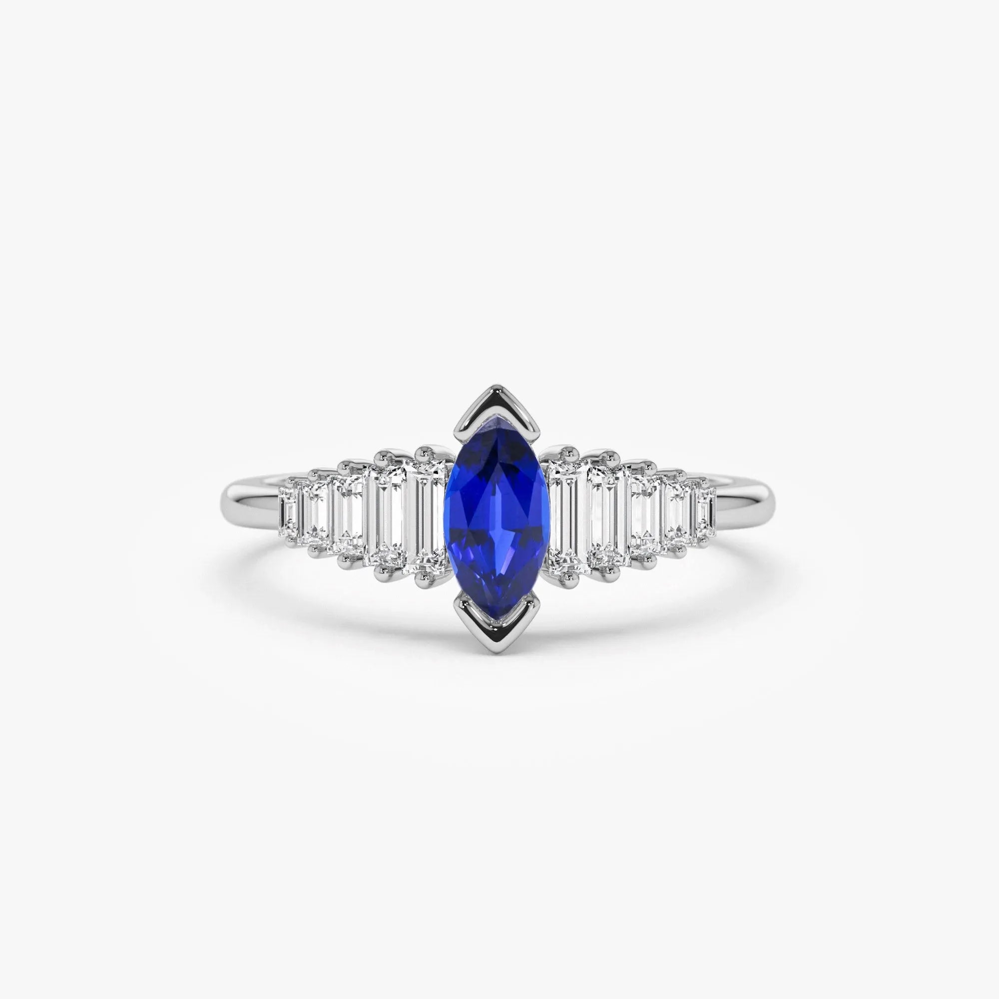 14k Gold Sapphire and Diamond Marquise and Baguette Cut Ring 0.83 ctw
