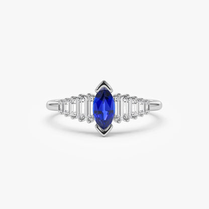 14k Gold Sapphire and Diamond Marquise and Baguette Cut Ring 0.83 ctw