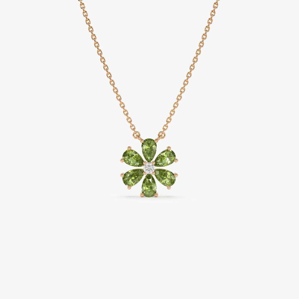 14k Solid Gold Peridot and Diamond Pear and Round Flower Necklace 1.45 Carat
