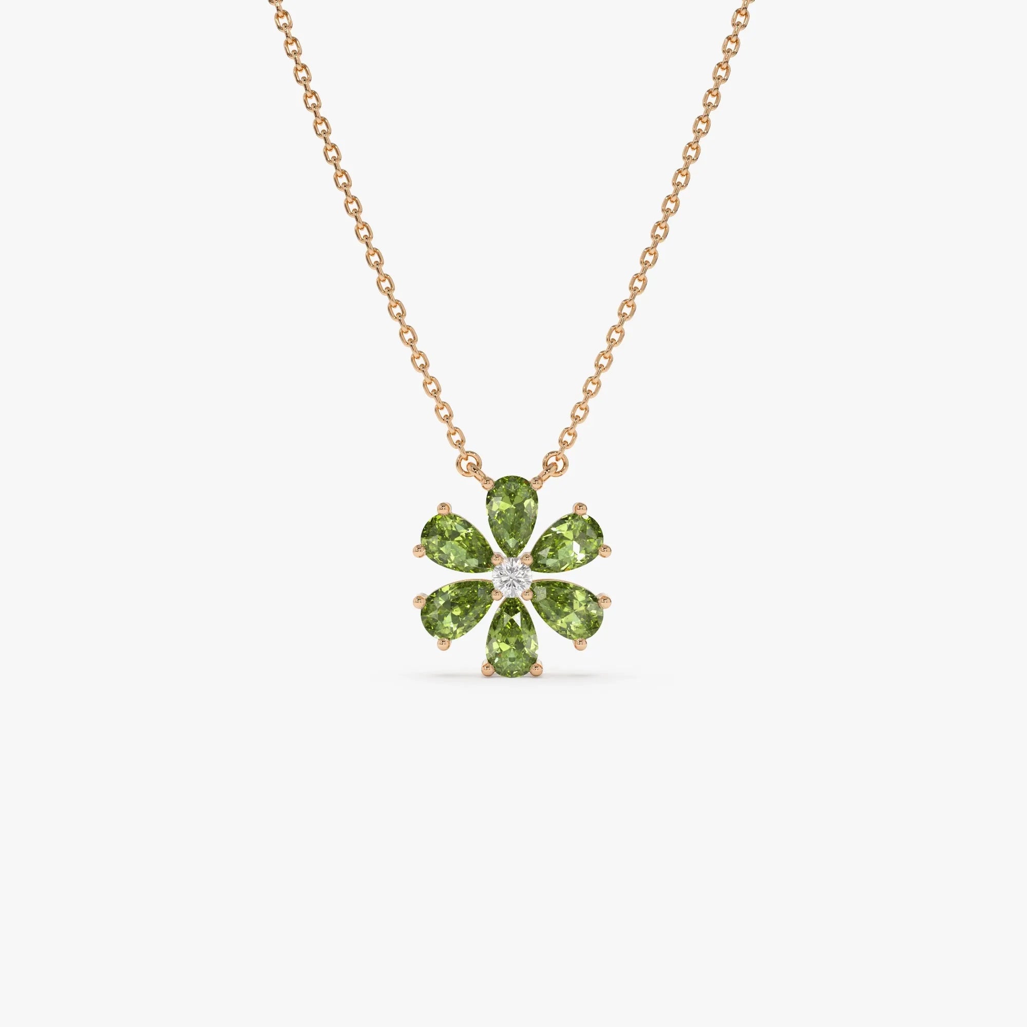 14k Solid Gold Peridot and Diamond Pear and Round Flower Necklace 1.45 Carat